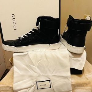 Gucci Shoes|Men's Leather Gucci Signature Black Sneakers| Color:Black|Size:12.0|